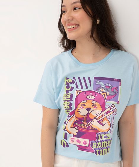 camiseta juvenil manga curta lamen azul claro