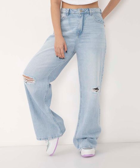 calça juvenil jeans wide leg destroyed azul claro