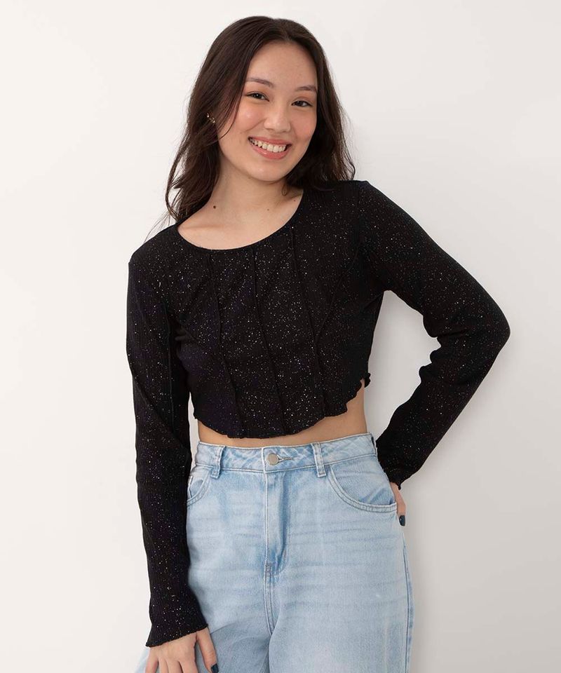 blusa de tule juvenil com brilho manga longa preta - C&A