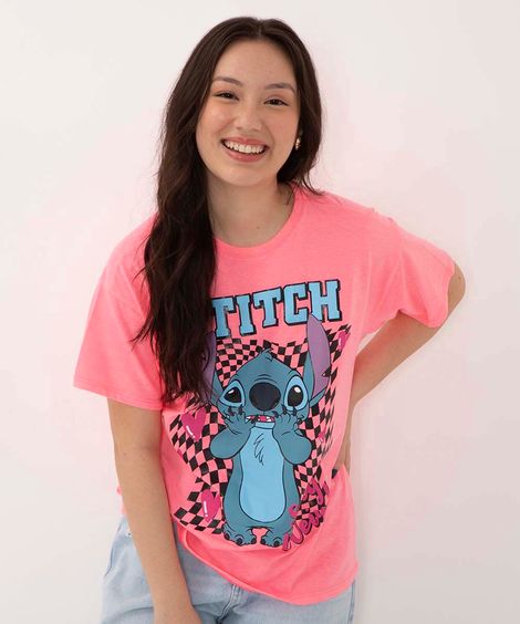 blusa juvenil de malha stitch manga curta rosa neon