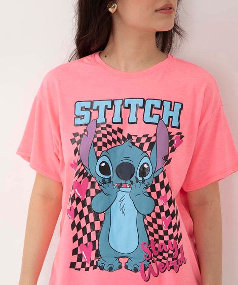 blusa juvenil de malha stitch manga curta rosa neon