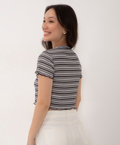 blusa juvenil cropped canelada manga curta listrada preta