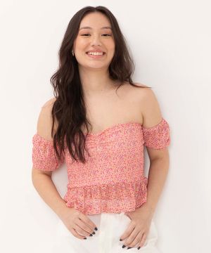 blusa juvenil de tule floral manga bufante rosa