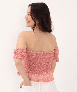 blusa juvenil de tule floral manga bufante rosa