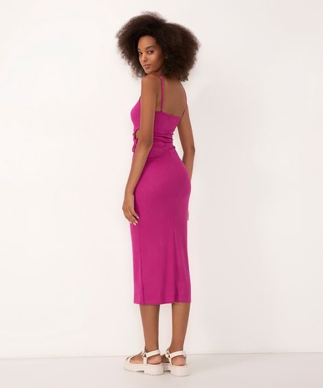 vestido midi de malha canelada cut out rosa