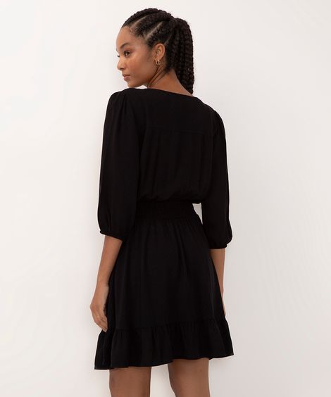 vestido de viscose com transpasse manga longa bufante preto