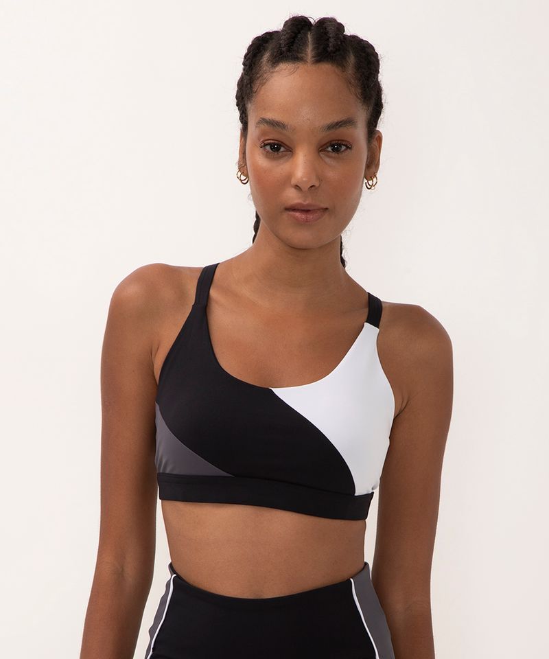 C&A BR Top Halter Neck Esportivo Ace com Costuras Coloridas Decote Nadador  Preto 