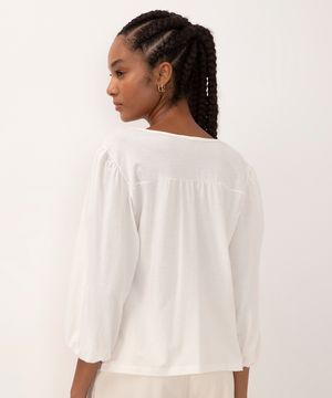 blusa de algodão com lastex manga longa bufante off white