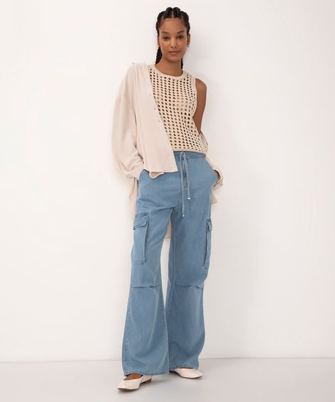 calça jeans wide leg slim cintura média azul claro