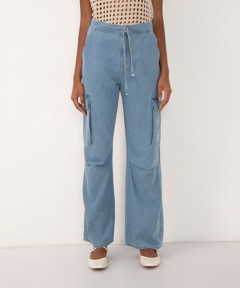 calça jeans wide leg slim cintura média azul claro