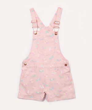 jardineira jeans infantil borboletinhas com bolsos rosa claro