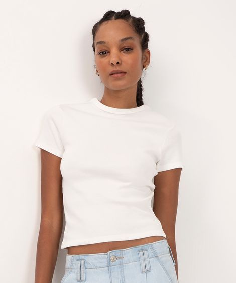 blusa de algodão canelada manga curta - off white