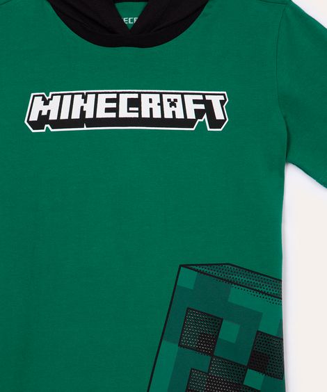 camiseta infantil de algodão minecraft com capuz verde