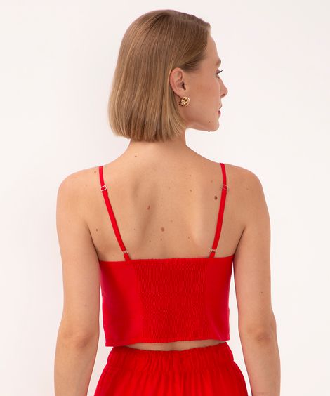 cropped com linho decote coração com laço alça fina vermelho
