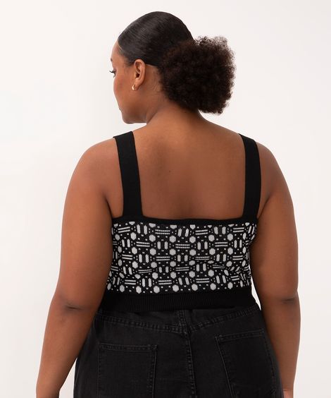 cropped de tricot plus size geométrico com botões preto