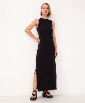 vestido longo de algodão básico preto - preto