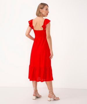 vestido midi laise com recorte e babado vermelho