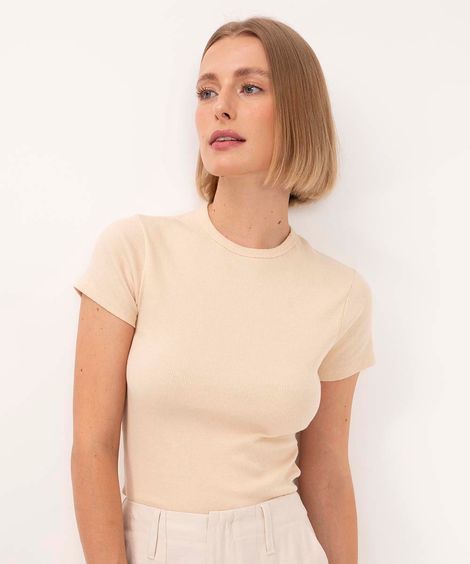 blusa de algodão canelada manga curta - bege claro