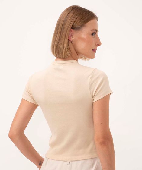 blusa de algodão canelada manga curta - bege claro