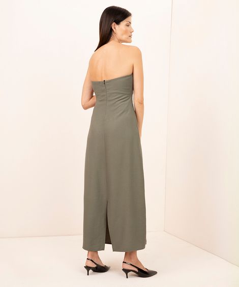 vestido longo de viscose decote reto com fenda mindset verde