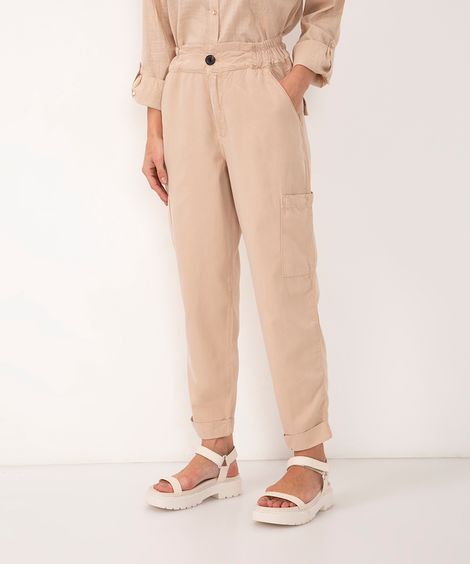 calça de sarja clochard cintura super alta com bolsos kaki