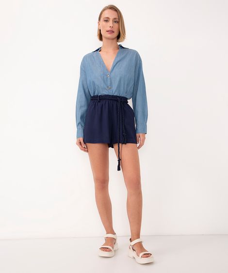 short de viscose cintura alta com cordão azul marinho