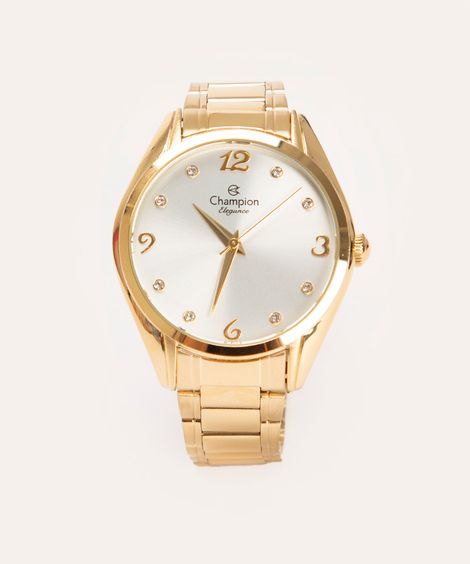 kit relógio analógico champion CN25681W com colar e brincos dourado