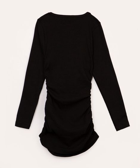 vestido juvenil de algodão canelado com franzido preto