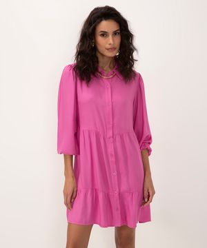 vestido chemise curto de viscose com recortes manga longa fucsia