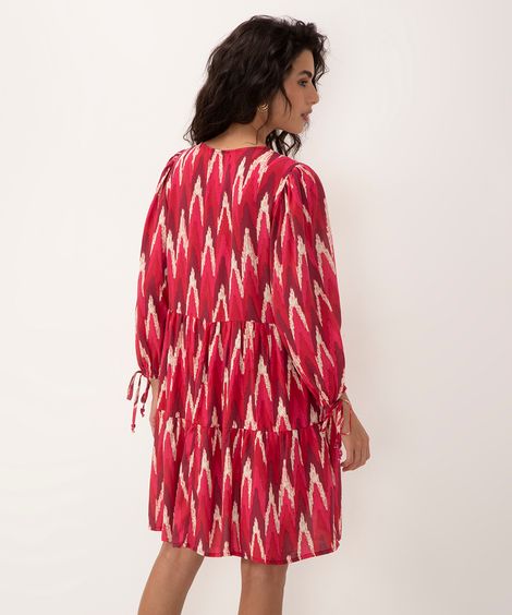 vestido bata de viscose ikat manga bufante pink