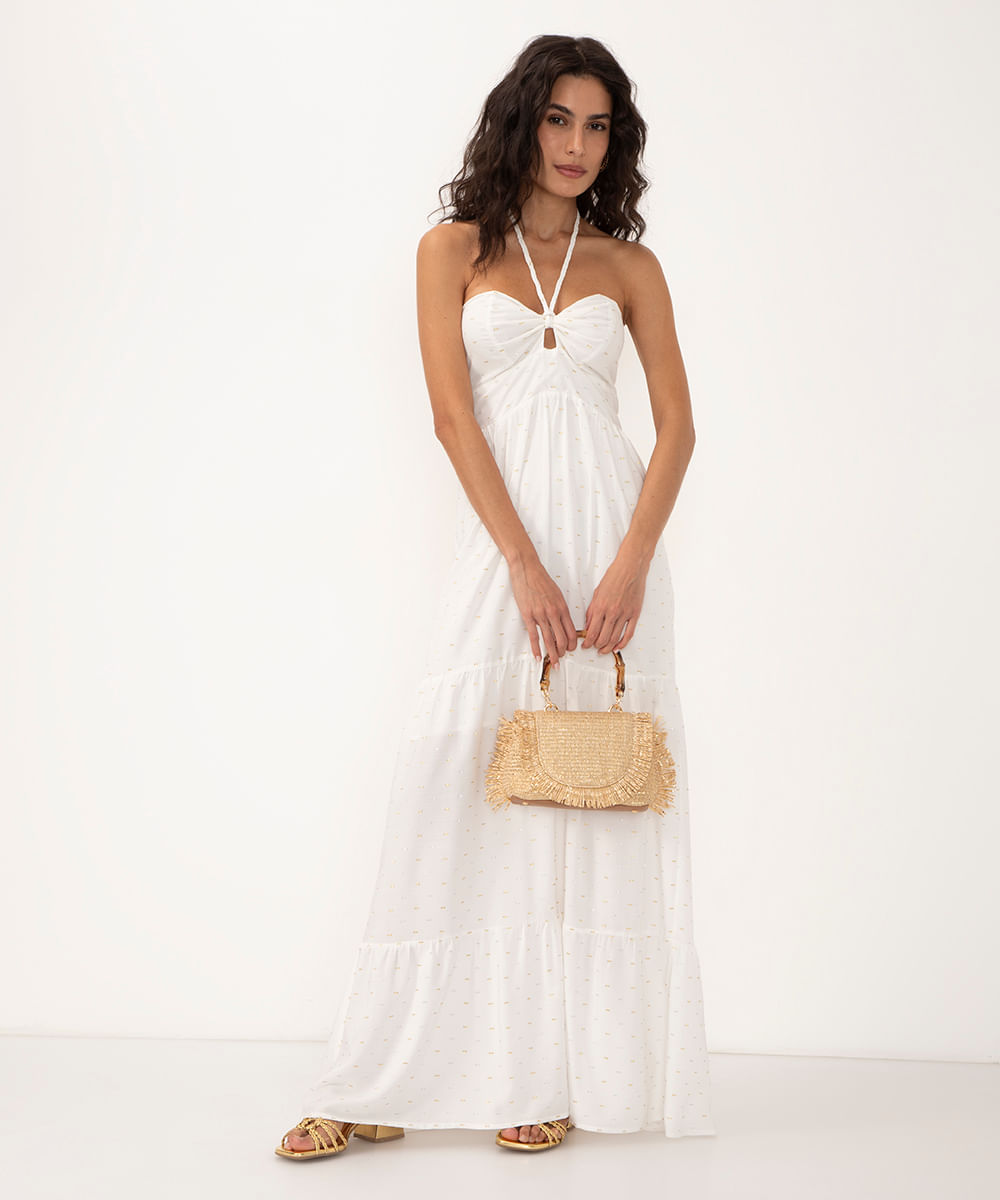 Vestido longo com recorte off-white, da C&A