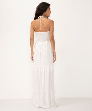 vestido longo com recorte e brilho alça trançada off white