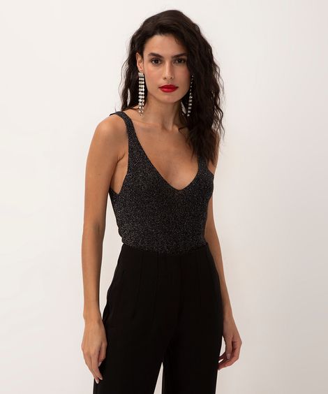 blusa em tricot lurex decote v alça fina preta
