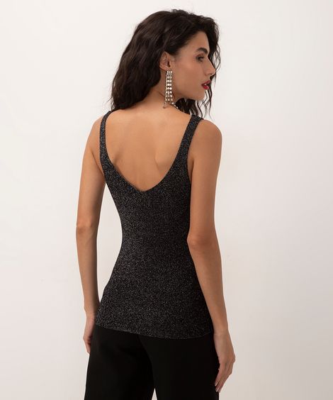 blusa em tricot lurex decote v alça fina preta