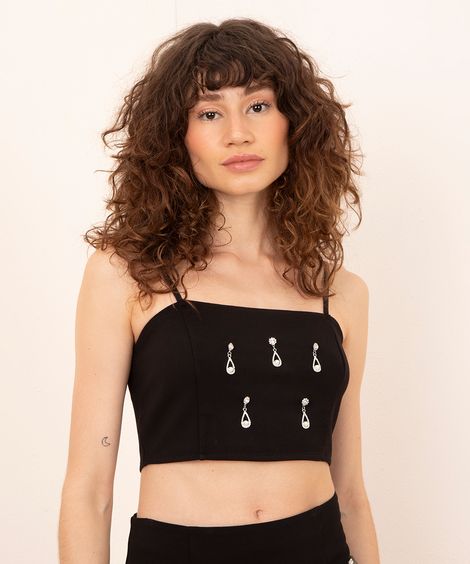 cropped com pingentes de strass alça fina mindset preto