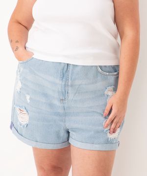 short mom jeans plus size destroyed cintura super alta azul claro