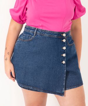 short saia jeans plus size cintura super alta azul médio