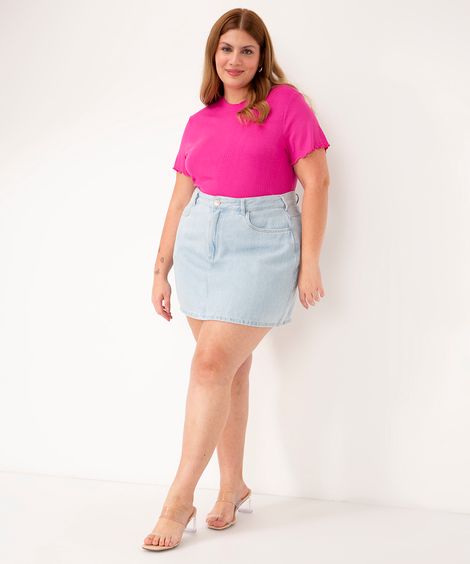 saia jeans plus size cintura alta azul claro