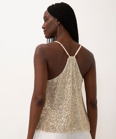 blusa nadador de paetê alça fina dourada