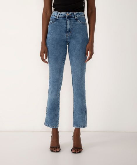 calça jeans reta com fenda cintura alta sawary azul claro