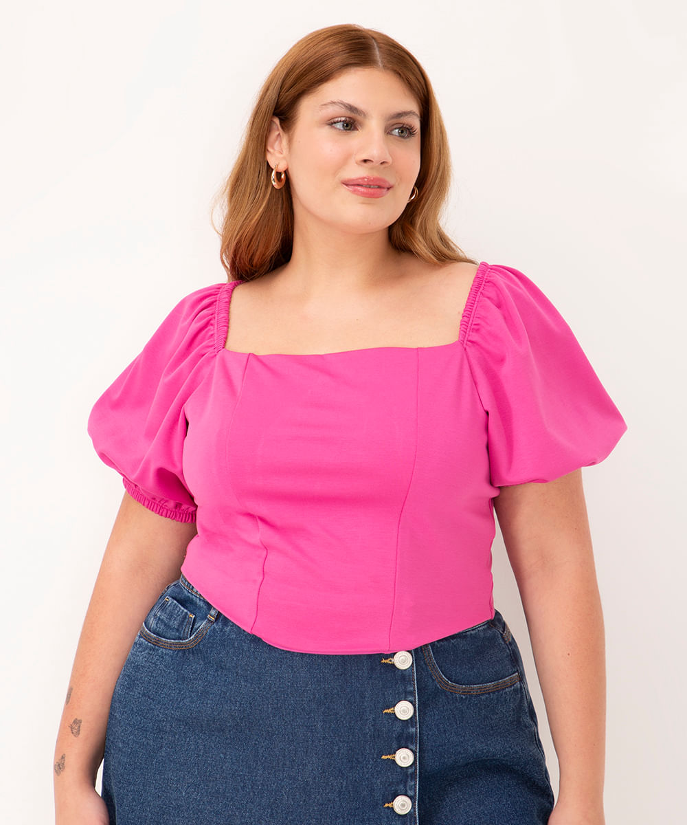 blusa plus size recortes corset manga curta pink - C&A