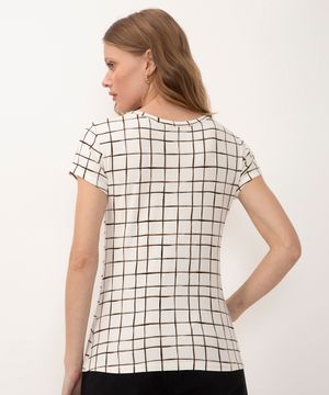blusa de viscose quadriculada com botões manga curta off white
