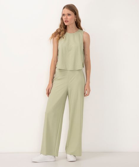 calça wide leg cintura alta cós elástico verde médio