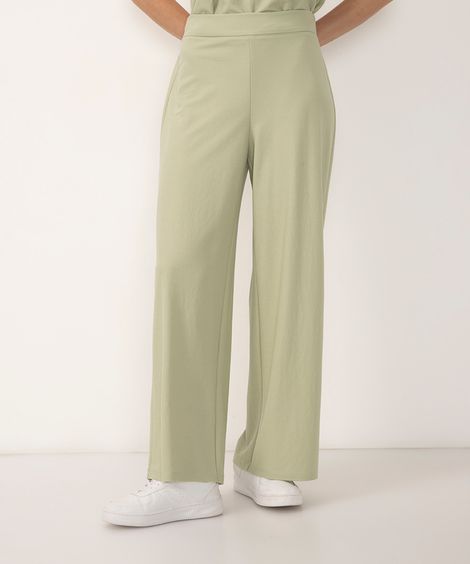 calça wide leg cintura alta cós elástico verde médio