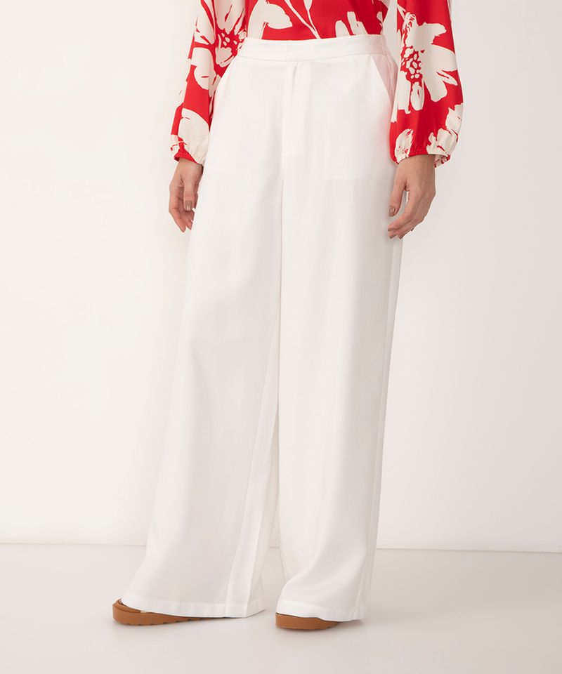 calça wide leg cintura alta com elástico e bolsos off white - C&A