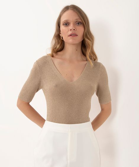 blusa de tricot com brilho manga curta dourada