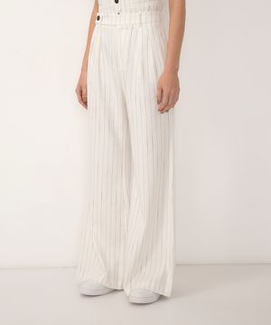 calça de viscose risca de giz cintura alta com bolsos off white