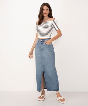 saia jeans midi cintura super alta com fenda jeans médio