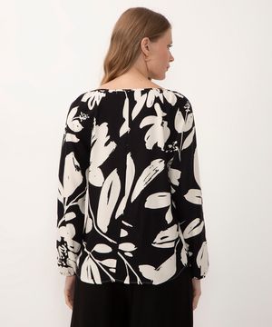 blusa de viscose floral manga longa com elástico preta