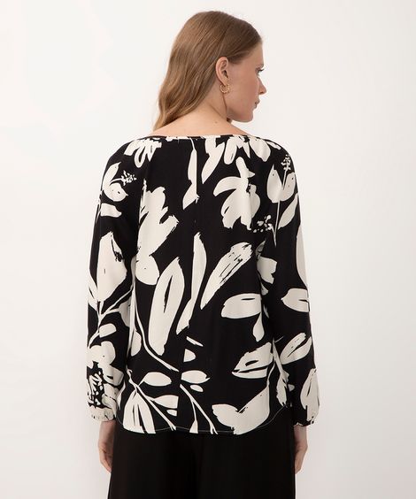blusa de viscose floral manga longa com elástico preta